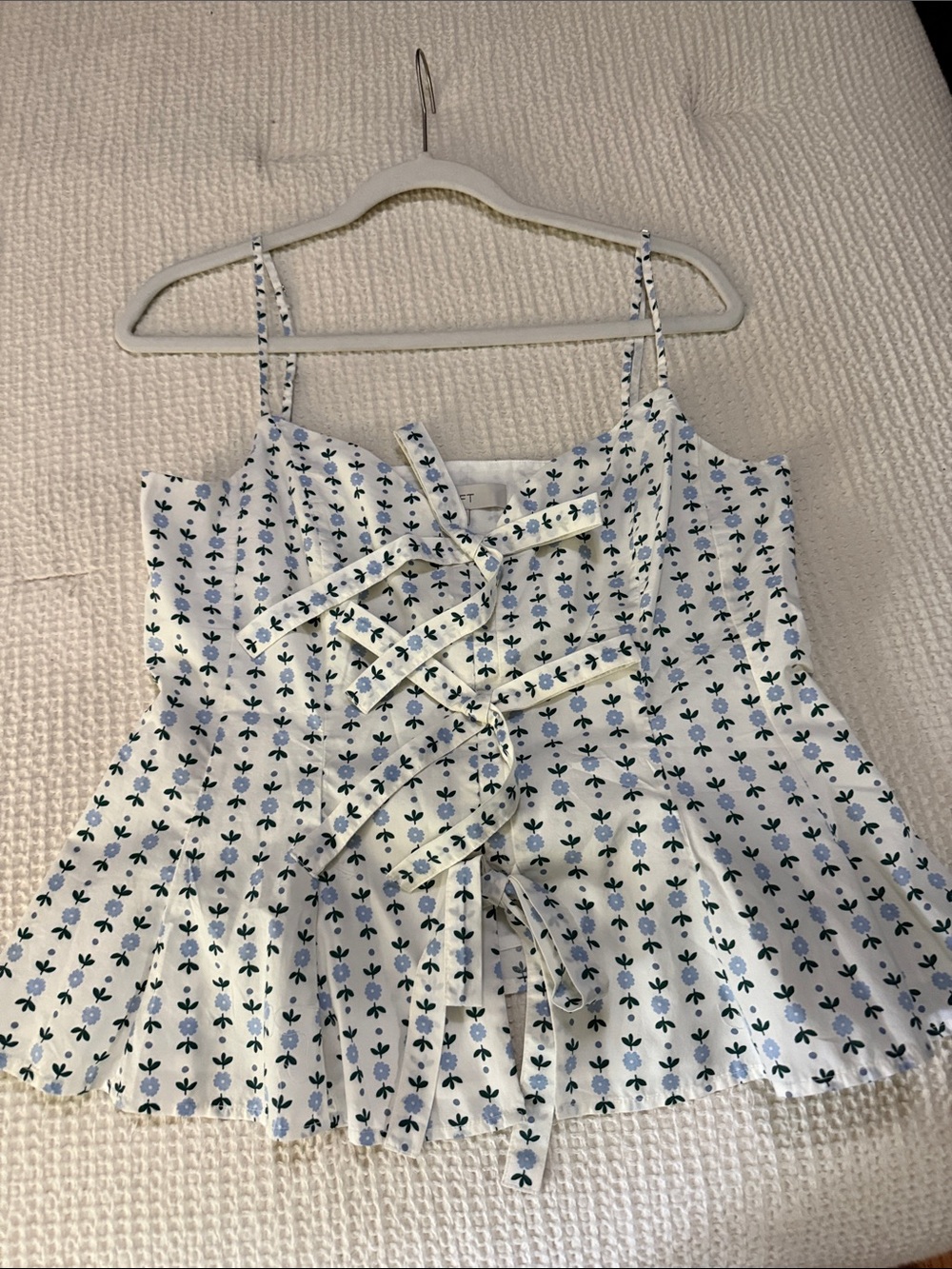 LOFT White Floral Tie-Front Cami with Blue & Green Print